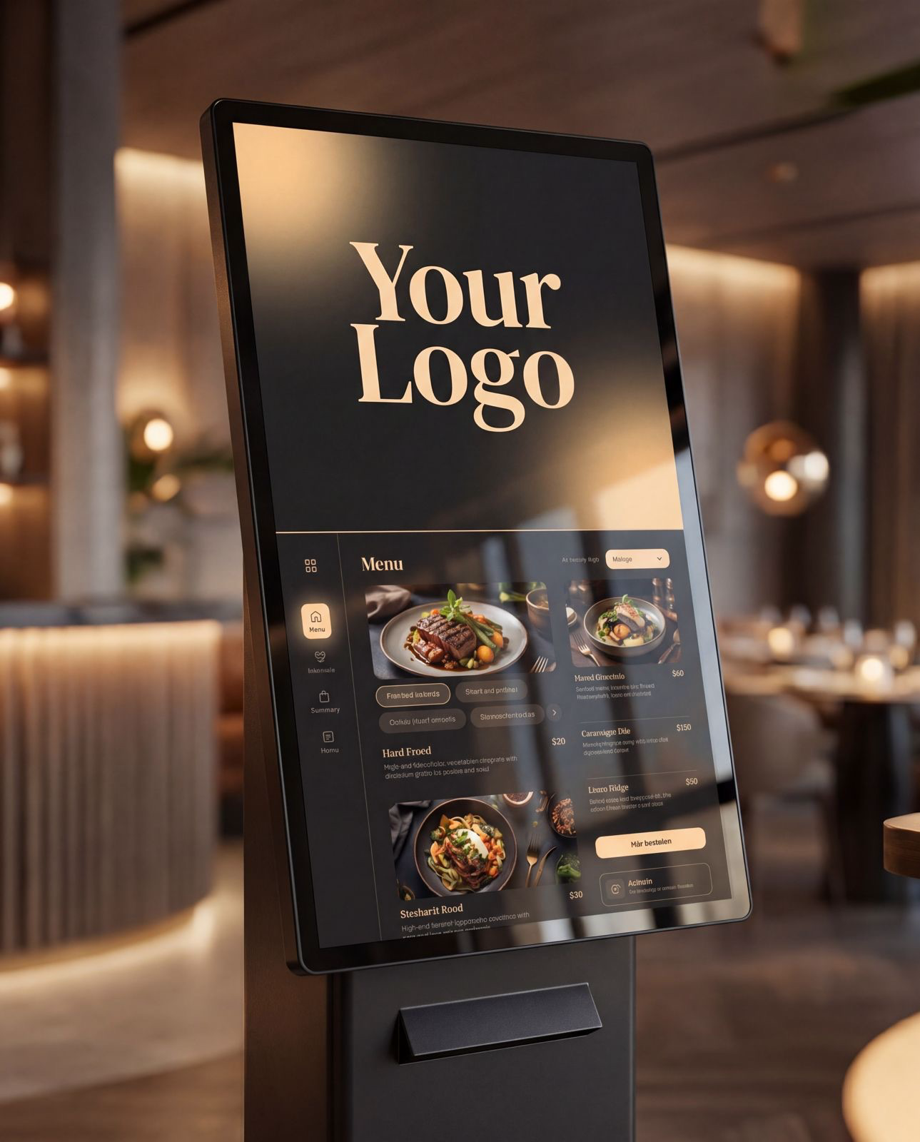 Kunde am Self-Order-Touchgerät im Verkaufsraum, Auswahl-Bildschirm sichtbar.