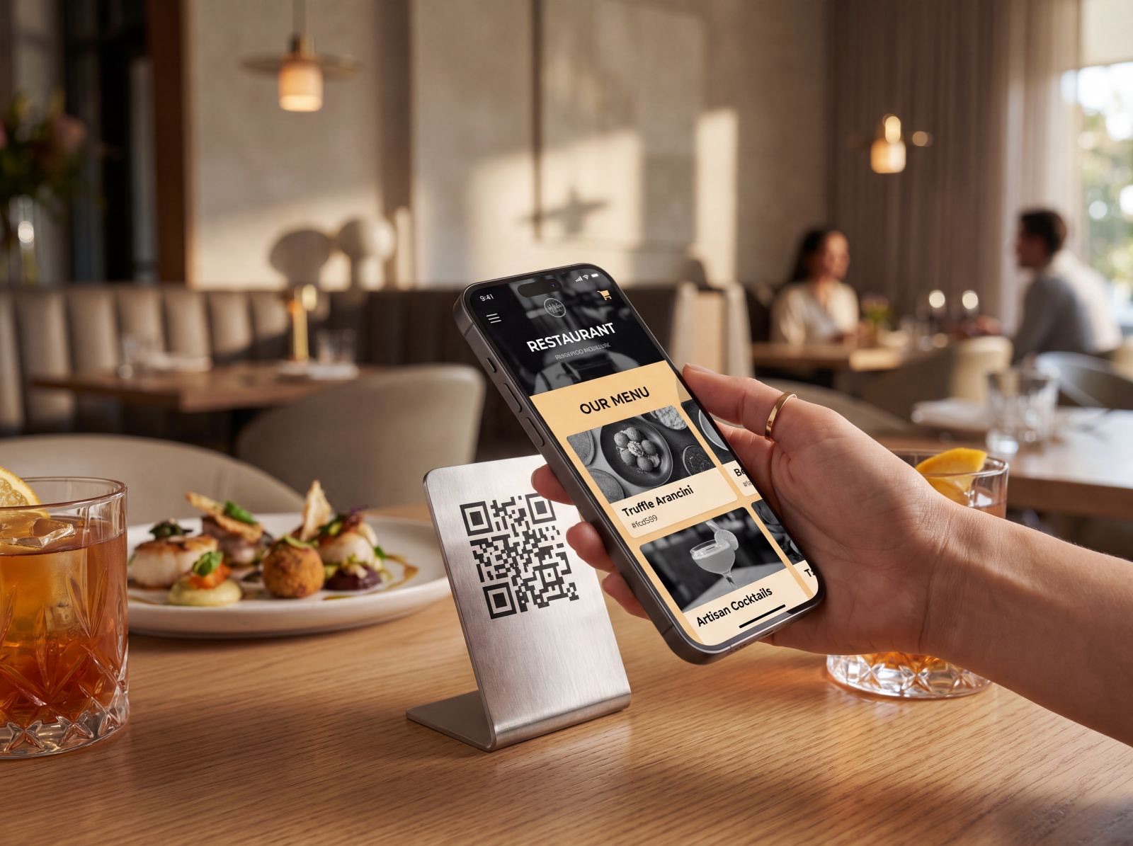 Hand mit Smartphone scannt Tisch-Aufkleber.